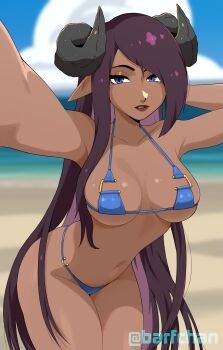 absurdres barfchan beach bikini blue_eyes breasts dark-skinned_female dark_skin florida_bikini highres horns medium_breasts original pointy_ears selfie swimsuit