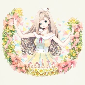 1girl animal animal_on_head animal_on_shoulder aqua_eyes bare_shoulders bird bird_on_head bird_on_shoulder blonde_hair bow braid cako_ashida curly_hair dress earrings female_focus finch flower flower_earrings flower_necklace java_sparrow jewelry long_hair nail_polish necklace on_head original single_braid sleeveless solo white_java_sparrow