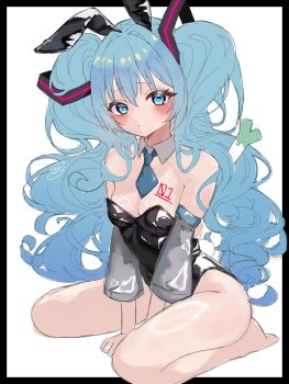 1girl :/ animal_ears bare_legs bare_shoulders barefoot between_legs black_leotard blue_eyes blue_hair blue_necktie blush breast_tattoo breasts closed_mouth detached_collar detached_sleeves fake_animal_ears fake_tail full_body furrowed_brow grey_sleeves hair_intakes hand_between_legs hatsune_miku highres leotard long_hair looking_at_viewer necktie ningoro_r number_tattoo pink_tattoo playboy_bunny rabbit_ears rabbit_tail shiny_clothes shiny_skin signature simple_background single_ear_down sitting small_breasts solo spring_onion strapless strapless_leotard tail tattoo thighs twintails very_long_hair vocaloid wariza wavy_hair white_background white_tail wing_collar