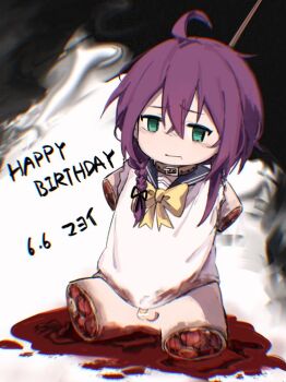 1boy :i amputation amputee ayase_mayoi bad_tag bar_censor blood blood_on_ground bow censored collar disembodied_leg disembodied_legs dismembered dismemberment elizabe empty_eyes ensemble_stars! ero_guro green_eyes guro hanging happy_birthday male male_focus male_gore penis purple_hair quadruple_amputee ribbon school_uniform severed_leg severed_limb solo testicles thighs