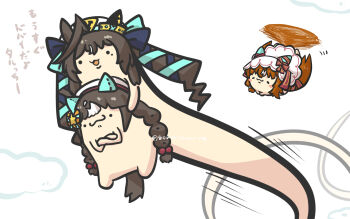 Rule 34 | . ., :d, anatomical nonsense, animal ears, beret, blue bow, blue ribbon, bow, braid, brown hair, closed mouth, cloud, crossed arms, goma (gomasamune), hair bobbles, hair bow, hair ornament, hair ribbon, hat, helicopter tail, highres, hokko tarumae (umamusume), horse ears, horse tail, low twintails, mole, mole under eye, multicolored hair, open mouth, red bow, ribbon, smile, solid circle eyes, star (symbol), star hair ornament, still in love (umamusume), streaked hair, striped bow, tail, translation request, twin braids, twintails, twitter username, umamusume, veil, vivlos (umamusume), white background, white hair, white hat