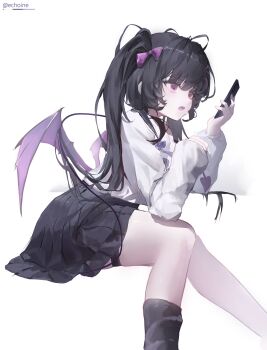 Rule 34 | 1girl, absurdres, artist name, asymmetrical legwear, black hair, black skirt, black socks, bow, cellphone, commentary request, demon tail, echoine, feet out of frame, from side, garter belt, gradient tail, hair bow, hair ornament, highres, holding, holding phone, low wings, messy hair, one side up, open mouth, original, phone, pleated skirt, purple bow, purple eyes, purple wings, school uniform, shirt, sitting, skirt, smartphone, socks, solo, tail, white background, white shirt, wings, x hair ornament, yami kawaii