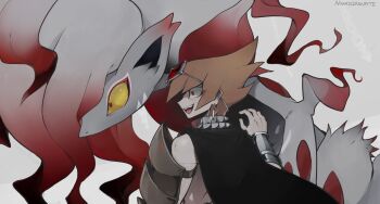 1boy 1other arm_armor bare_shoulders black_cape cape colored_sclera colored_tips commentary english_commentary evil_grin evil_smile facing_another facing_to_the_side gem grin hair_slicked_back hand_on_another's_shoulder highres hisuian_zoroark looking_ahead male_focus metal_wrist_cuffs multicolored_hair nintendo nuumigranate orange_hair pokemon pokemon_(creature) red_eyes red_gemstone smile spiked_hair topless_male turning_head upper_body vector_(yu-gi-oh!) white_background white_fur wide-eyed yellow_sclera yu-gi-oh! yu-gi-oh!_zexal