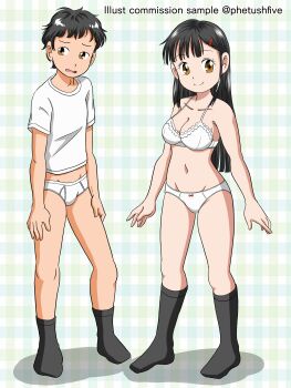 Rule 34 | 1boy, 1girl, absurdres, arms at sides, bare arms, bare legs, bare shoulders, stomach, black hair, black socks, bow, bow panties, bra, breasts, briefs, brown eyes, classic fly briefs, cleavage, closed mouth, clothes lift, collarbone, crossdressing, embarrassed, green background, groin, hair ornament, hairclip, highres, kneehighs, legs apart, long hair, looking at viewer, looking to the side, male underwear, marup, medium breasts, midriff, midriff peek, mitsuru (marup), navel, no pants, no shirt, no shoes, no skirt, open mouth, pale skin, panties, petite, plaid background, saki-chan (marup), sample watermark, shirt, short hair, short sleeves, smile, socks, standing, t-shirt, tan, underwear, underwear only, watermark, white bra, white briefs, white male underwear, white panties, white shirt