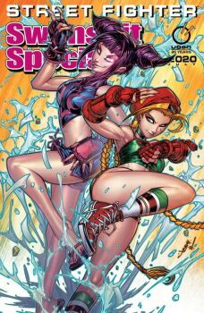 2girls artist_collaboration bare_legs bikini black_gloves black_shorts blonde_hair blunt_bangs bracelet braid cammy_white capcom chinese_clothes drill_hair dudou english_text fingerless_gloves foot_out_of_frame gloves glowing glowing_eye green_bikini hair_horns halterneck han_juri jewelry jonboy_meyers long_hair midriff multiple_girls red_footwear red_gloves red_headwear ryan_kinnaird sandals scar scar_on_face shoes shorts smile socks spiked_bracelet spikes street_fighter swimsuit tongue tongue_out twin_braids twin_drills very_long_hair water