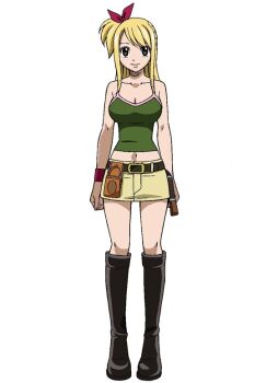 bad_link belt blonde_hair boots brown_eyes fairy_tail long_hair lucy_heartfilia mashima_hiro navel ribbon tank_top