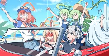 6+girls animal_ears baseball_cap belt black_horns blonde_hair blue_archive blue_hat blue_overalls blue_sky bottle car closed_mouth cloud commentary_request cup demon_tail derivative_work drink driving eyewear_on_head floating_hair fox_ears glasses green_hair hair_between_eyes halo hat highres hikari_(blue_archive) holding holding_bottle holding_cup holding_drink horns left-hand_drive long_hair motor_vehicle multiple_girls nagusa_(blue_archive) nozomi_(blue_archive) open_mouth orange_hair overalls palm_tree red_car rei_(blue_archive) seia_(blue_archive) sena_(blue_archive) shirt short_hair short_sleeves sidelocks sky steering_wheel sunglasses sweatdrop t-shirt tail teacup tree twintails washin white_hair white_shirt wind yellow_eyes