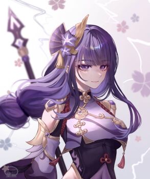 1girl alternate_costume alternate_hairstyle blunt_bangs blurry blurry_background chinese_clothes closed_mouth clothing_cutout cosplay covered_navel covered_underboob electricity engulfing_lightning_(genshin_impact) fan_hair_ornament floral_background flower flower_ornament from_side genshin_impact gradient_background hair_flowing_over hair_ornament highres hip_vent holding holding_polearm holding_weapon light_blush long_hair long_sleeves looking_at_viewer looking_to_the_side low-tied_long_hair mole mole_under_eye pink_lips polearm purple_background purple_eyes purple_flower raiden_shogun shade shenhe_(genshin_impact) shenhe_(genshin_impact)_(cosplay) shoulder_cutout solo standing toshidosi upper_body watermark weapon wide_sleeves wind