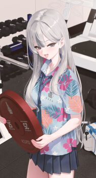 1girl absurdres bag barbell black_bag black_necktie blue_archive bottle breasts collarbone collared_shirt commentary fieryonion fitness_gym grey_eyes grey_hair grey_halo hair_between_eyes hair_intakes halo hawaiian_shirt highres holding indoors konoka_(blue_archive) light_particles long_hair looking_at_viewer medium_breasts miniskirt necktie open_clothes pleated_skirt print_shirt shirt short_sleeves sidelocks skirt solo standing thighs tile_floor tiles tongue tongue_out treadmill tumbler very_long_hair water_bottle weights white_bag