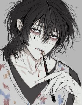 1boy apron artist_name bags_under_eyes black_eyes black_hair black_shirt blood blood_on_clothes collarbone empty_eyes hair_between_eyes hashtag-only_commentary highres holding holding_brush limbus_company looking_at_another male_focus medium_hair messy_hair official_alternate_costume paint_on_clothes project_moon ring_(identity)_(project_moon) shirt solo ssaamm22222 white_apron yi_sang_(project_moon)