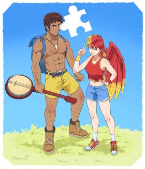 Rule 34 | 1boy, 1girl, abs, arm hair, backpack, bag, banjo, banjo-kazooie, banjo (banjo-kazooie), belt, black belt, blonde hair, blue bag, blue eyes, blue shorts, border, breasts, brown hair, chest hair, closed mouth, collarbone, commentary, denim, denim shorts, eyelashes, facial hair, feathered wings, fingernails, francisco mon, full body, grass, green eyes, hand on own hip, highres, holding, holding instrument, humanization, instrument, jewelry, kazooie (banjo-kazooie), leg hair, midriff, multicolored hair, navel, necklace, nipples, one eye closed, ponytail, puzzle piece, red hair, red shoes, red tank top, shoes, short hair, short ponytail, shorts, smile, socks, standing, tank top, toned, toned male, tooth necklace, topless male, two-tone hair, w, white border, white socks, wings, yellow shorts
