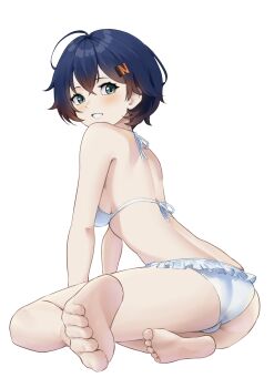 1girl alternate_costume arm_support ass barefoot belle_(zenless_zone_zero) bikini black_hair breasts camus_(luthfancamus) commentary green_eyes grin hair_ornament highres letter_hair_ornament looking_at_viewer medium_breasts short_hair simple_background sitting smile solo swimsuit white_background white_bikini yokozuwari zenless_zone_zero