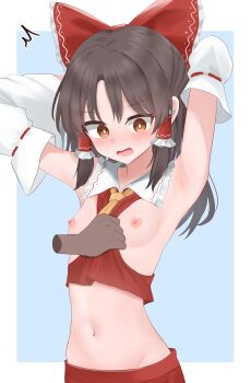 1girl 1other ^^^ absurdres armpit_focus armpits arms_up ascot between_breasts blush bow breasts brown_eyes brown_hair clothes_between_breasts commentary_request dakuazu detached_sleeves disembodied_hand frilled_bow frilled_hair_tubes frills groin hair_bow hair_tubes hakurei_reimu highres large_variant_set long_hair looking_down midriff navel nipples presenting_armpit red_bow red_skirt ribbon-trimmed_sleeves ribbon_trim skirt skirt_set small_breasts solo_focus sweatdrop touhou variant_set yellow_ascot