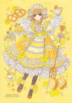 1girl accurate_lolita_coord ankle_cuffs apron bee bee_wings black_pantyhose braid brown_shoes bug commentary dress english_commentary flower food fork frilled_dress frilled_hairband frills full_body hairband highres hisakata_(hisa_nn) holding holding_food holding_fork honey honeycomb_(object) insect insect_wings lolita_fashion lolita_hairband looking_at_viewer orange_hair original oversized_fork pantyhose pretzel puffy_short_sleeves puffy_sleeves shoes short_sleeves side_braids solo teapot wings wrist_cuffs yellow_background yellow_dress