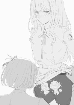 Rule 34 | . ., absurdres, belt, black male underwear, blush, boxers, buttons, closed mouth, clothes lift, collared shirt, dress, hair ribbon, highres, inoue takina, lifting another's clothes, long hair, long sleeves, lycoris recoil, lycoris uniform, male underwear, merchandise, monochrome, nishikigi chisato, nose blush, partially colored, ribbon, shirt, short hair, skirt, skirt lift, staring, two-tone dress, underwear, ying (suetmo)