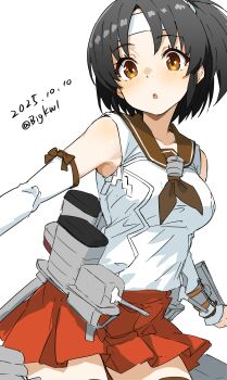1girl absurdres adapted_turret bigkwl black_hair blush breasts brown_eyes brown_neckerchief cowboy_shot dated elbow_gloves gloves headband highres kantai_collection looking_at_viewer medium_breasts nagara_(kancolle) neckerchief one-hour_drawing_challenge one_side_up open_mouth rigging shirt short_hair simple_background sleeveless sleeveless_shirt smokestack solo twitter_username white_background white_gloves white_headband white_shirt