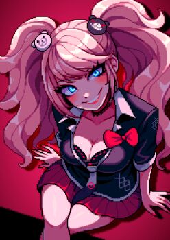 1girl absurdres aseprite_(medium) bear_hair_ornament blonde_hair blue_eyes blush breasts cleavage collarbone crossed_legs danganronpa_(series) enoshima_junko from_above grin hair_ornament head_tilt highres large_breasts long_hair looking_at_viewer looking_up pixel_art red_skirt sitting skirt smile solo twintails yumykon