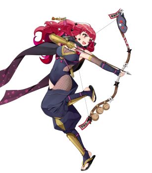 1girl attack black_scarf bodystocking bow_(weapon) breasts cleavage covered_navel drawing_bow fire_emblem fire_emblem_engage fire_emblem_heroes fishnet_bodystocking fishnet_thighhighs fishnets floral_print fox_mask hair_ornament highres holding holding_bow_(weapon) holding_weapon japanese_clothes long_hair mask medium_breasts navel ninja nintendo non-web_source official_alternate_costume official_art red_eyes red_hair sandals scarf single_thighhigh smile solo standing standing_on_one_leg star_(symbol) star_hair_ornament thighhighs weapon yunaka_(fire_emblem) yunaka_(ninja)_(fire_emblem)