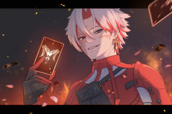 1boy 8k_u card colored_inner_hair commentary_request cross cross_earrings earrings evil_smile fire grey_eyes grey_hair hand_up heterochromia highres holding holding_card jewelry letterboxed looking_at_viewer male_focus multicolored_hair red_eyes red_hair scar_(wuthering_waves) smile solo upper_body wuthering_waves