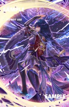 Rule 34 | 1girl, arm up, artist name, back bow, blunt bangs, bow, braid, bridal gauntlets, closed mouth, clothing cutout, cloud, cloudy sky, commentary, commission, dawn, electricity, english commentary, engulfing lightning (genshin impact), genshin impact, glowing, gluteal fold, hair ornament, hair ribbon, highres, holding, holding polearm, holding weapon, image sample, japanese clothes, lingerie, long braid, looking at viewer, looking to the side, multicolored hair, off shoulder, outdoors, pink lips, polearm, purple eyes, purple hair, purple ribbon, purple sky, purple thighhighs, raiden shogun, ribbon, sample watermark, shade, shoulder cutout, signature, single braid, sky, slashing, solo, standing, storm, streaked hair, tfny, thighhighs, tomoe (symbol), twitter sample, underwear, watermark, weapon, wide sleeves