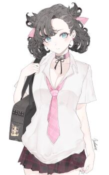 apolonia-07 bag black_hair blue_eyes checkered_clothes checkered_skirt choker gen_8_pokemon hair_ornament highres marnie_(pokemon) morpeko nail_polish necktie nintendo pokemon pokemon_swsh procreate_(medium) ribbon school_bag shirt short_hair skirt t-shirt white_shirt