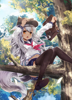 1girl animal_ears animal_hat bisclavret black_thighhighs boots briefcase commentary_request day falling female_focus fox_ears fox_tail hand_on_own_head hat highres holding holding_briefcase in_tree kaku-san-sei_million_arthur long_hair million_arthur_(series) navel open_mouth school_uniform serafuku silver_hair sitting sitting_in_tree sky solo tail thighhighs tree wait yellow_eyes