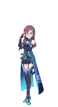 Rule 34 | 1girl, blue eyes, fingerless gloves, full body, garter straps, glasses, gloves, hair ornament, idol clothes, idolmaster, idolmaster cinderella girls, idolmaster cinderella girls starlight stage, official art, one eye closed, open mouth, purple hair, skirt, solo, transparent background, yagami makino