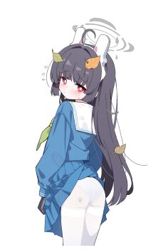 1girl ahoge animal_ears ass black_hair blue_archive blue_serafuku blush bright_pupils closed_mouth commentary cropped_legs dot_nose fake_animal_ears flying_sweatdrops footprint_on_body from_behind green_neckerchief grey_halo halo highres hime_cut leaf leaf_on_head lmg7811 loli long_hair looking_at_viewer looking_back miyu_(blue_archive) neckerchief panties panties_under_pantyhose pantyhose pantyshot paw_print rabbit_ears raised_inner_eyebrows red_eyes school_uniform serafuku simple_background skirt skirt_flip solo sweatdrop thighband_pantyhose thighs underwear white_background white_pantyhose white_pupils