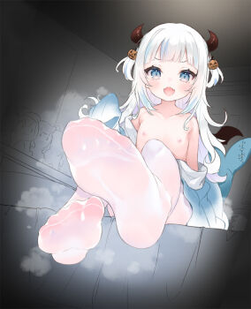 1girl :d bed blue_eyes blue_hair blunt_bangs blush demon_horns demon_wings fangs feet female_focus fins fish_tail flat_chest foot_focus foreshortening full_body gawr_gura hair_ornament halloween hololive hololive_english horns ikea_shark indoors jack-o'-lantern jack-o'-lantern_hair_ornament loli long_hair long_sleeves looking_at_viewer multicolored_hair nipples no_bra no_shoes off_shoulder on_bed open_mouth pantyhose shark_girl shark_tail sitting sleeves_past_fingers sleeves_past_wrists smile solo steam steaming_body streaked_hair stuffed_animal stuffed_shark stuffed_toy tail two_side_up virtual_youtuber white_hair white_pantyhose wings yazawa_oke