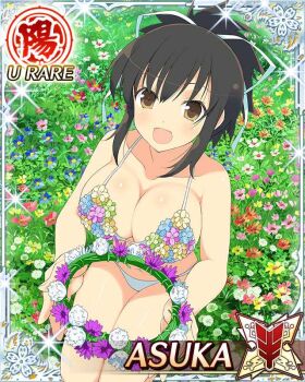 1girl :d asuka_(senran_kagura) border breasts brown_eyes brown_hair card_(medium) character_name cleavage field floral_bikini flower flower_field game_cg hair_ribbon head_wreath incoming_gift kneeling large_breasts long_hair looking_at_viewer navel official_art open_mouth ponytail ribbon senran_kagura senran_kagura_new_wave short_ponytail smile solo third-party_edit white_ribbon