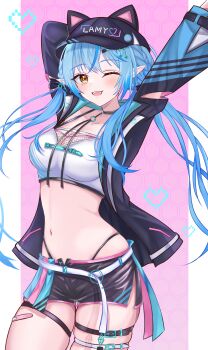 1girl animal_hat arlonn arm_behind_head arms_up asymmetrical_legwear baseball_cap belt black_choker black_hat black_jacket black_shorts blue_hair braid breasts cat_hat choker cleavage collarbone commentary_request double-parted_bangs elf hair_between_eyes hat highres hololive jacket long_hair long_sleeves looking_at_viewer low_twintails medium_breasts navel official_alternate_costume one_eye_closed open_clothes open_fly open_jacket open_mouth pointy_ears short_shorts shorts side_braids smile solo stomach thigh_strap twintails very_long_hair virtual_youtuber white_belt yellow_eyes yukihana_lamy yukihana_lamy_(cyber)
