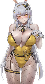 Rule 34 | 1girl, absurdres, animal ears, arrow hair ornament, ascot, bare shoulders, black ascot, black bow, black survival, blonde hair, blush, bow, breasts, cleavage, closed mouth, commentary, commission, cowboy shot, detached collar, english commentary, eternal return: black survival, fake animal ears, fishnet pantyhose, fishnets, garter straps, gloves, gold leotard, grey hair, hair between eyes, hair bow, hair intakes, highleg, highleg leotard, highres, large breasts, leotard, long hair, looking at viewer, minami rio, minami rio (winning shot), monegi, multicolored hair, official alternate costume, pantyhose, partially fingerless gloves, pixiv commission, playboy bunny, rabbit ears, revision, shiny skin, side-tie leotard, simple background, single garter strap, solo, spade (shape), standing, streaked hair, sweat, thigh strap, very long hair, white background, white gloves, white wrist cuffs, wrist cuffs, yellow eyes