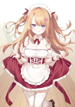 1girl :q absurdres apron bare_shoulders blush breasts brown_shoes cleavage closed_mouth commentary commission cowboy_shot detached_sleeves dress floral_flowlove frilled_apron frilled_dress frills hair_ribbon highres hiraga_matsuri large_breasts long_hair looking_at_viewer maid_headdress mihato_kano neck_ribbon orange_hair parted_bangs purple_eyes red_dress red_ribbon ribbon shoes skeb_commission skirt_hold sleeveless sleeveless_dress smile solo thighhighs tongue tongue_out two_side_up waist_apron white_apron white_sleeves white_thighhighs wrist_cuffs zettai_ryouiki