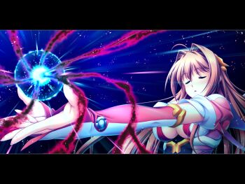 1girl ahoge angel_tear antenna_hair blonde_hair blush breasts bridal_gauntlets brown_hair cleavage closed_eyes detached_sleeves dress energy energy_ball game_cg gem glowing hair_between_eyes hair_intakes hair_ornament large_breasts large_variant_set letterboxed long_hair magic magical_girl maishima_yuri nerawareta_megami_tenshi_angel_tear night non-web_source official_art open_mouth outstretched_arm outstretched_arms outstretched_hand parted_lips pink_dress pink_sleeves sky solo star_(sky) star_(symbol) starry_sky tsukumo_kazuita underboob upper_body variant_set very_long_hair