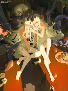 2girls absurdres aged_down animal apple arknights bare_shoulders bed black_bow black_cat blonde_hair blush bow cat character_doll closed_eyes closed_mouth collarbone curtains doll dragon_girl dragon_horns dragon_tail fire flame-tipped_tail food fork fruit full_body grapes green_eyes hair_bow hair_over_one_eye highres horn_bow horn_ornament horns knee_up large_tail lingerie liwendala long_hair multiple_girls necrass_(arknights) negligee no_shoes on_floor pantyhose parted_lips plate reed_(arknights) shoes siblings sisters sitting smile spaghetti_strap stirrup_legwear strap_slip tail thighband_pantyhose toeless_legwear underwear unworn_shoes very_long_hair white_bow white_pantyhose white_shoes yokozuwari
