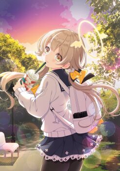 1girl absurdres bag black_bow black_pantyhose black_sailor_collar black_skirt blonde_hair blue_archive bow cup drinking_straw hair_bow halo hifumi_(blue_archive) highres holding holding_cup lantern long_hair long_sleeves looking_at_viewer milkshake pantyhose park sailor_collar sakura_yukarina school_bag skirt smile solo sun_glare sunset sweater twintails white_bag white_sweater yellow_bow yellow_eyes yellow_halo