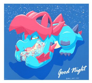 Rule 34 | blue claws, blue skin, claws, closed eyes, colored skin, crocodilian, fangs, feraligatr, gen 2 pokemon, highres, hood, hood up, mega feraligatr, mega pokemon, nintendo, no humans, open mouth, pokemon, pokemon (creature), pokemon focus, sharp teeth, smile, spikes, tail, teeth, totodile, waniwani (hyda7523), yellow eyes