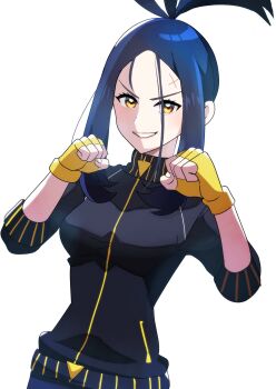1girl akisame_kanon black_hair black_jacket black_track_suit breasts clenched_hands commentary_request cross_scar dendra_(pokemon) fighting_stance fingerless_gloves gloves grin highres jacket medium_breasts nintendo open_mouth pokemon pokemon_sv scar scar_on_face scar_on_forehead sidelocks smile three-quarter_sleeves track_jacket track_suit turtleneck turtleneck_jacket v-shaped_eyebrows yellow_gloves zipper_pull_tab