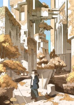 Rule 34 | 1girl, architecture, autumn, autumn leaves, boots, brown boots, brown hair, day, ephe99261012, fringe-trimmed jacket, fringe trim, hands in pockets, hashtag-only commentary, highres, jacket, layered clothes, leaf, long skirt, looking at tree, medium hair, open clothes, open jacket, original, outdoors, overgrown, ponytail, scarf, shirt, sketch, skirt, solo, standing, tree, white scarf, white shirt, wide shot, yellow theme