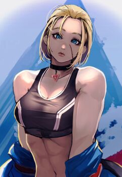 1girl 6maker abs black_choker black_sports_bra blonde_hair blue_background blue_eyes blue_jacket breasts cammy_white choker commentary english_commentary facial_scar highres jacket jacket_partially_removed large_breasts lips looking_at_viewer navel scar scar_on_cheek scar_on_face short_hair sports_bra street_fighter street_fighter_6 toned toned_female