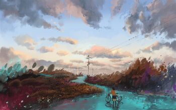 1girl bicycle blue_sky cloud cloudy_sky day grass hill original painting_(medium) path plant road scenery sky slow_d solo traditional_media tree
