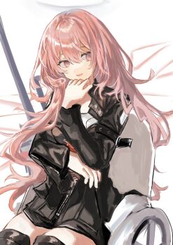 1girl angel arknights black_boots black_dress boots commentary_request detached_wings dress gun halo highres lemuen_(arknights) long_hair nktg pink_eyes pink_hair rifle simple_background solo thighhighs thighs very_long_hair weapon wheelchair white_background wings zettai_ryouiki