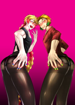 Rule 34 | 2boys, androgynous, ass, bare shoulders, blonde hair, blue eyes, blush, braid, earrings, embarrassed, fangs, frown, gokuu samon, grabbing own ass, gradient hair, green eyes, green hair, hair between eyes, happy, highres, jewelry, lace, lingerie, long hair, looking at viewer, looking back, makeup, male focus, multicolored hair, multiple boys, nail polish, nanbaka, one eye closed, open mouth, orange hair, panties, pantyhose, pink background, pink hair, pink panties, short hair, sidelocks, tank top, torn clothes, trap, two-tone hair, underwear, uno (nanbaka), very long hair, wink, yaoi, yellow panties