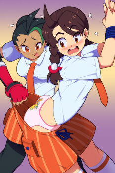 2girls ahoge ass assisted_exposure back black_hair blush blush_stickers bound bound_arms braid breasts brown_eyes brown_hair clenched_hands clothes_pull dark-skinned_female dark_skin embarrassed euf-dreamer eyelashes female_focus female_pervert flat_chest flying_sweatdrops gauntlets hair_ornament happy highres juliana_(pokemon) kneehighs knees leggings_under_shorts legs long_hair looking_at_another looking_back looking_down matching_hair/eyes medium_breasts midriff multicolored_hair multiple_girls naranja_academy_school_uniform necktie nemona_(pokemon) nintendo no_headwear orange_eyes panties pervert pink_panties pokemon pokemon_sv ponytail print_panties restrained school_uniform shoes short_sleeves shorts shorts_pull side_braid single_gauntlet sneakers socks standing swept_bangs two-tone_hair underwear white_socks worried yuri