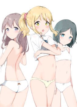 3girls :o absurdres animal_print aqua_eyes ass back-print_panties bear_panties bear_print blonde_hair blush bob_cut bow bow_bra bow_panties bra breasts bright_pupils butt_crack choppy_bangs closed_mouth clothes_lift collared_shirt commentary_request cowboy_shot crotch_seam dot_nose frown green_eyes grey_eyes grey_hair groin hair_ornament hair_scrunchie hands_up highres holding holding_towel lifting_own_clothes long_hair looking_at_viewer looking_back median_furrow medium_hair multiple_girls navel open_mouth original panties petite pink_scrunchie polka_dot polka_dot_panties polka_dot_scrunchie print_panties school_uniform scrunchie shirt shirt_lift short_hair short_sleeves sidelocks simple_background small_breasts standing stomach straight_hair topless_female towel training_bra turning_head underwear underwear_only undressing white_background white_bra white_panties white_pupils white_shirt wing_collar yellow_panties zagashira