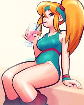 Rule 34 | 1girl, artist name, blonde hair, blue leotard, commentary, cup, drink, drinking, drinking straw, drinking straw in mouth, highres, holding, holding cup, holding drink, leotard, long hair, metroid, mole, mole under mouth, nintendo, one eye closed, samus aran, side ponytail, signature, sitting, tsuvida, twitter username