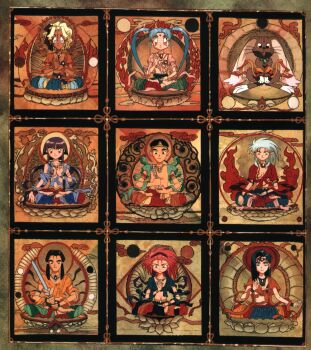 1990s_(style) 2boys 6+girls aqua_hair black_hair blonde_hair cabbit facial_mark forehead_mark green_hair hakubi_washuu kuramitsu_mihoshi long_hair looking_at_viewer makibi_kiyone masaki_aeka_jurai masaki_sasami_jurai masaki_tenchi multiple_boys multiple_girls non-web_source official_art pink_hair pointy_ears purple_hair retro_artstyle ryou-ouki ryouko_(tenchi_muyou!) short_hair sitting sword tenchi_muyou! tenchi_muyou!_uchuu_hen twintails weapon