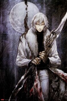 00s 1boy 2006 bags_under_eyes blood brown_eyes castlevania:_aria_of_sorrow castlevania_(series) coat dated familiar frown full_moon fur_coat high_heels highres holding holding_weapon kojima_ayami konami looking_at_viewer monster moon night official_art outdoors pale_skin scan short_hair sky solo soma_cruz standing standing_on_one_leg summoning weapon white_coat white_hair