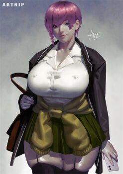 1girl artnip bag black_jacket breasts clothes_around_waist collared_shirt cowboy_shot curvy garter_straps go-toubun_no_hanayome holding holding_bag holding_phone jacket jacket_around_waist large_breasts looking_at_viewer nakano_ichika nipple_piercing nipple_piercing_under_clothes phone piercing pink_hair pleated_skirt shirt skirt solo standing thighhighs