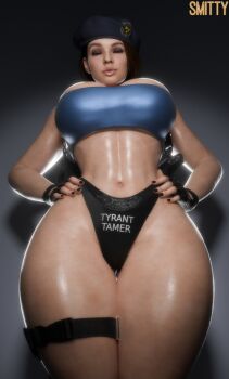 1girl 3d absurdres artist_name black_gloves black_hat black_panties breasts curvy fingerless_gloves from_below gloves hat highres huge_breasts jill_valentine looking_at_viewer navel panties resident_evil smitty solo strapless thick_thighs thighs tube_top underwear wide_hips